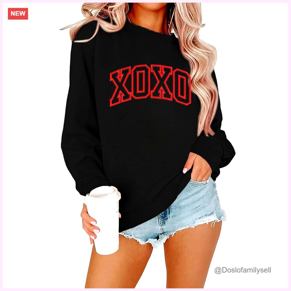 Valentine Embroidered Striped Sweatshirt Long Sleeve Top Cozy Ribbed Knit